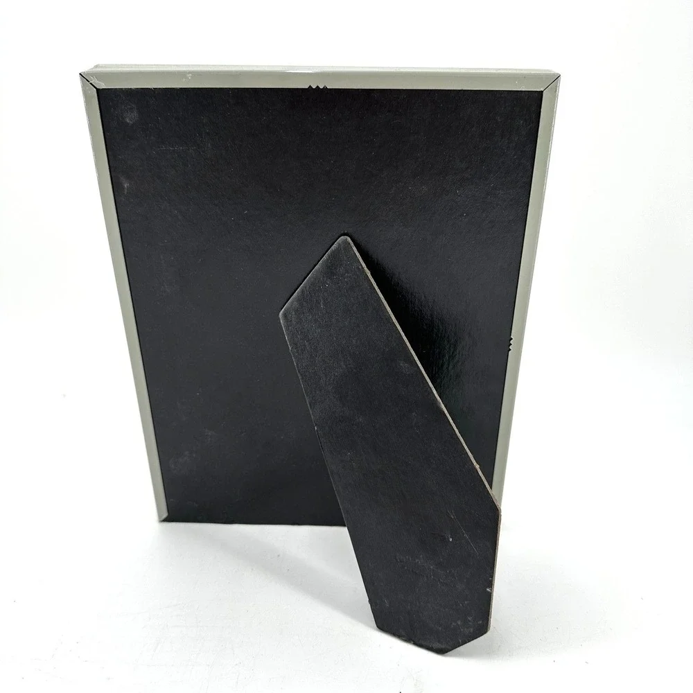 Vintage Gray Enamel Metal 8x10 Picture Frame -‎ Gold Trim Tabletop Display